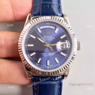 Swiss Copy Rolex SS Day Date Oyster Watch Blue Dial Blue Leather Replica